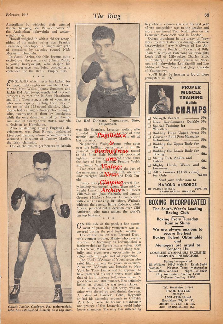 Boxing News Clipping #571 - Karel Sys, Rene DeVos, Piet Wilde, Willie Wimms, Raoul Degryse, Chuck Taylor, Joe Red D'Amato
