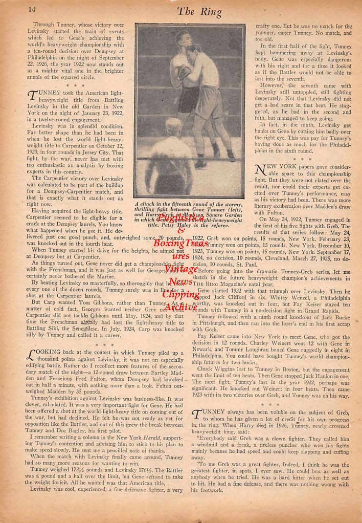 Boxing News Clipping #581 - Gene Tunney, Gene Tunney vs. Harry Greb