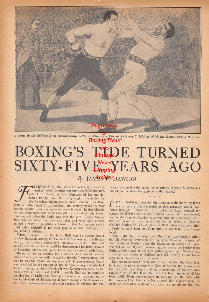 Boxing News Clipping #583 - John L. Sullivan vs. Paddy Ryan, Sugar Ray Robinson vs. Tommy Bell, Jersey Joe Walcott vs. Joey Maxim