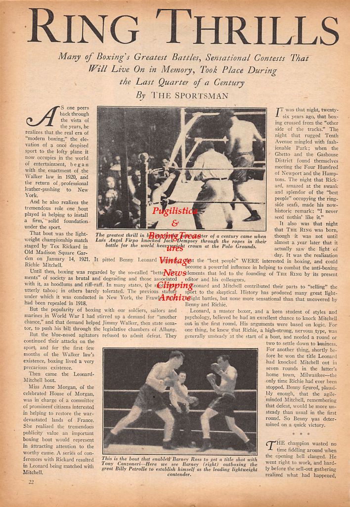 Boxing News Clipping #585 - Jack Dempsey vs. Luis Angel Firpo, Barney Ross vs. Billy Petrolle, Mike Jacobs