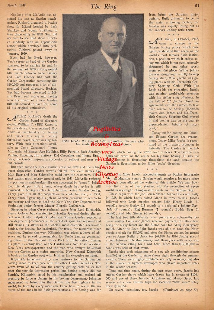 Boxing News Clipping #585 - Jack Dempsey vs. Luis Angel Firpo, Barney Ross vs. Billy Petrolle, Mike Jacobs