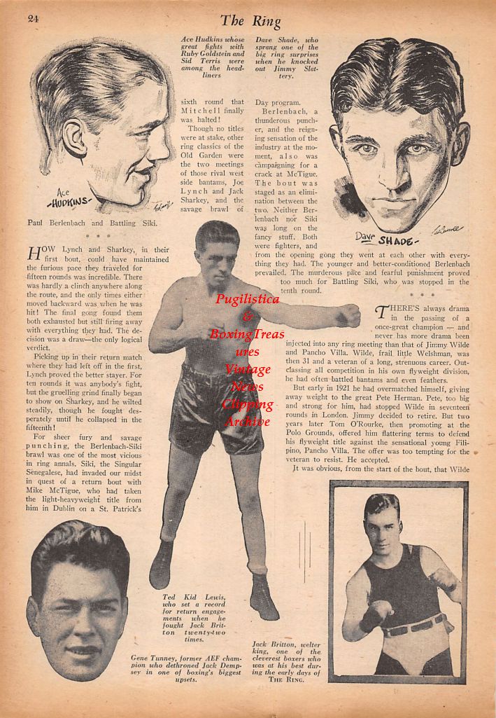 Boxing News Clipping #586 - Ace Hudkins, Dave Shade, Ted Kid Lewis, Gene Tunney, Jack Britton, Georges Carpentier vs. Gene Tunney, Barney Ross vs. Jimmy McLarnin, Paul Berlenbach
