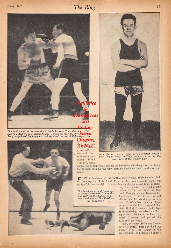 Boxing News Clipping #587 - Tony Canzoneri vs. Lou Ambers, Little Jack Sharkey, Kid Chocolate vs. Tony Canzoneri, Sid Terris, Henry Armstrong vs. Lou Ambers