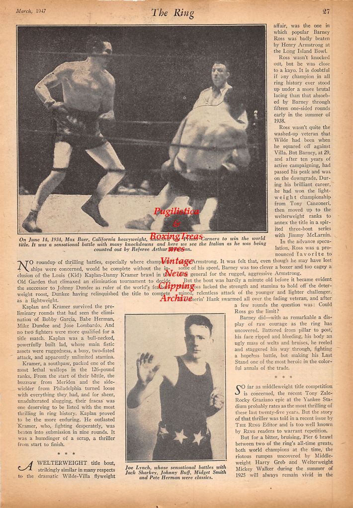 Boxing News Clipping #588 - Max Baer vs. Primo Carnera, Joe Lynch, Joe Louis vs. Max Schmeling, Benny Leonard vs. Jack Britton