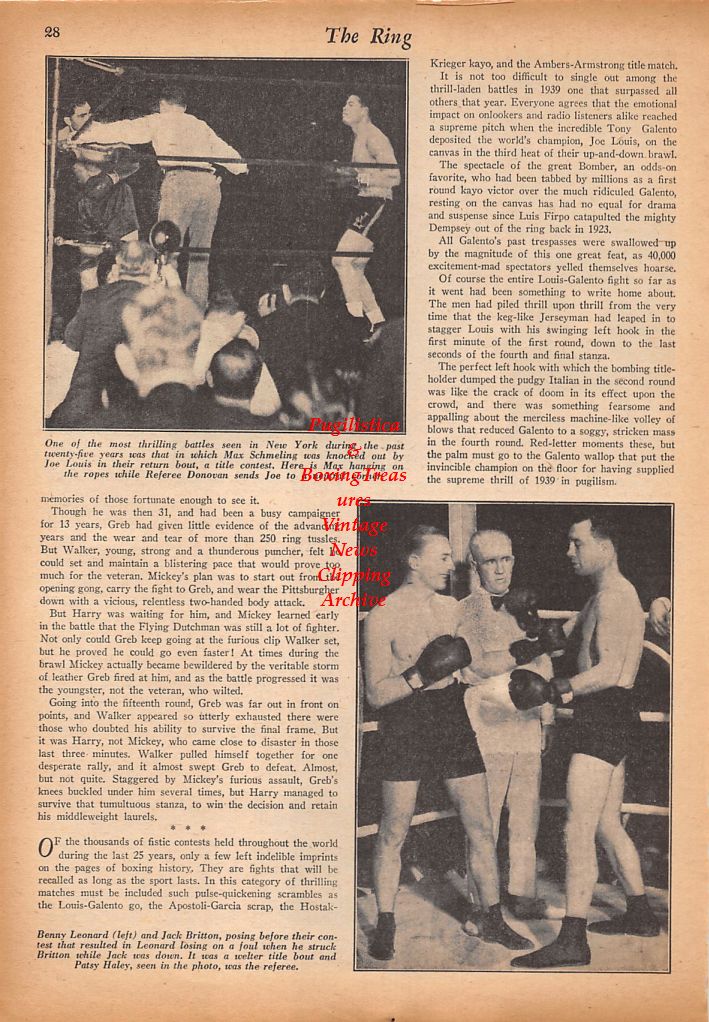 Boxing News Clipping #588 - Max Baer vs. Primo Carnera, Joe Lynch, Joe Louis vs. Max Schmeling, Benny Leonard vs. Jack Britton