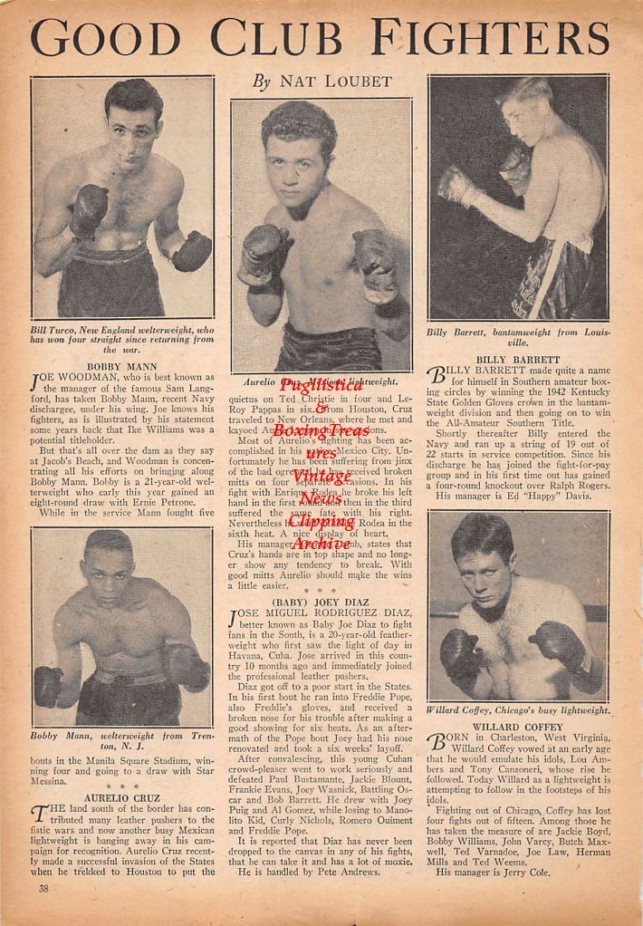 Boxing News Clipping #593 - Bill Turco, Aurelio Cruz, Billy Barrett, Bobby Mann, Willard Coffey