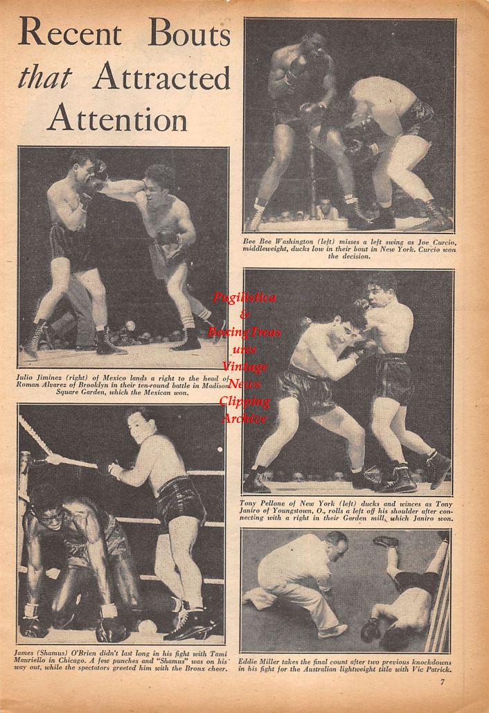 Boxing News Clipping #597 - Julio Jiminez vs. Roman Alvarez, Bee Bee Washington vs. Joe Curcio, Tony Pellone vs. Tony Janiro, Shamus O'Brien vs. Tami Mauriello, Eddie Miller vs. Vic Patrick, Joe Louis, Billy McCarney