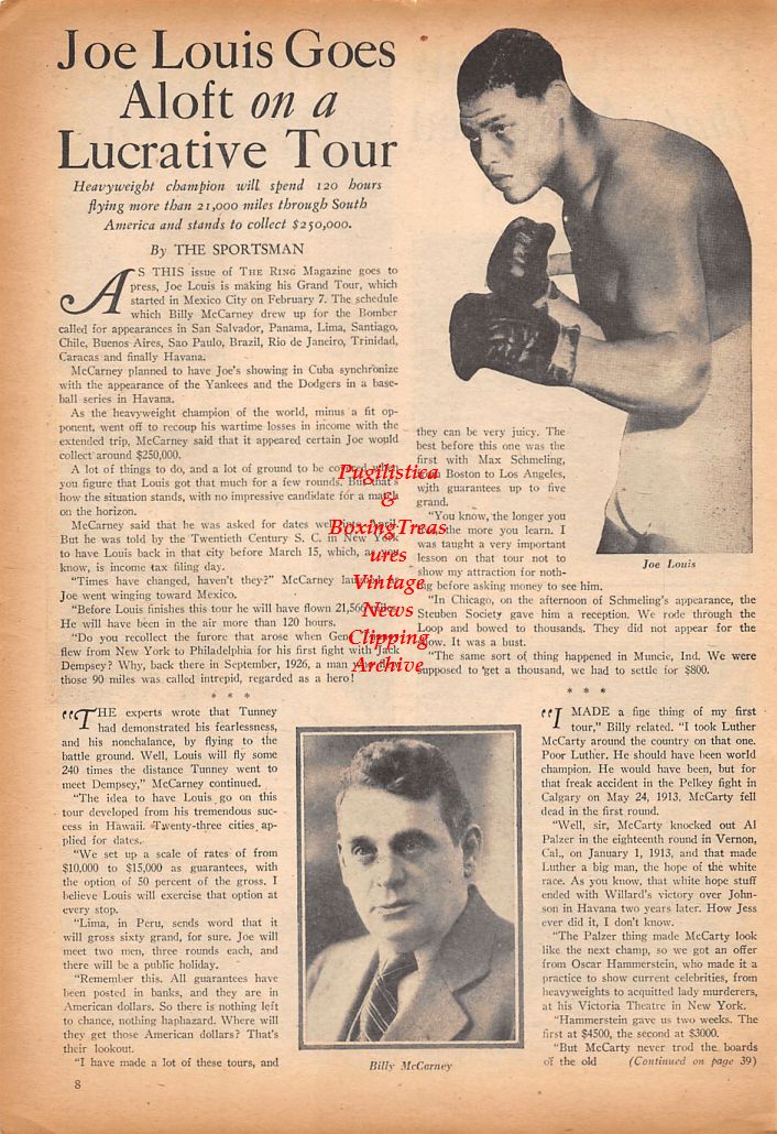 Boxing News Clipping #597 - Julio Jiminez vs. Roman Alvarez, Bee Bee Washington vs. Joe Curcio, Tony Pellone vs. Tony Janiro, Shamus O'Brien vs. Tami Mauriello, Eddie Miller vs. Vic Patrick, Joe Louis, Billy McCarney