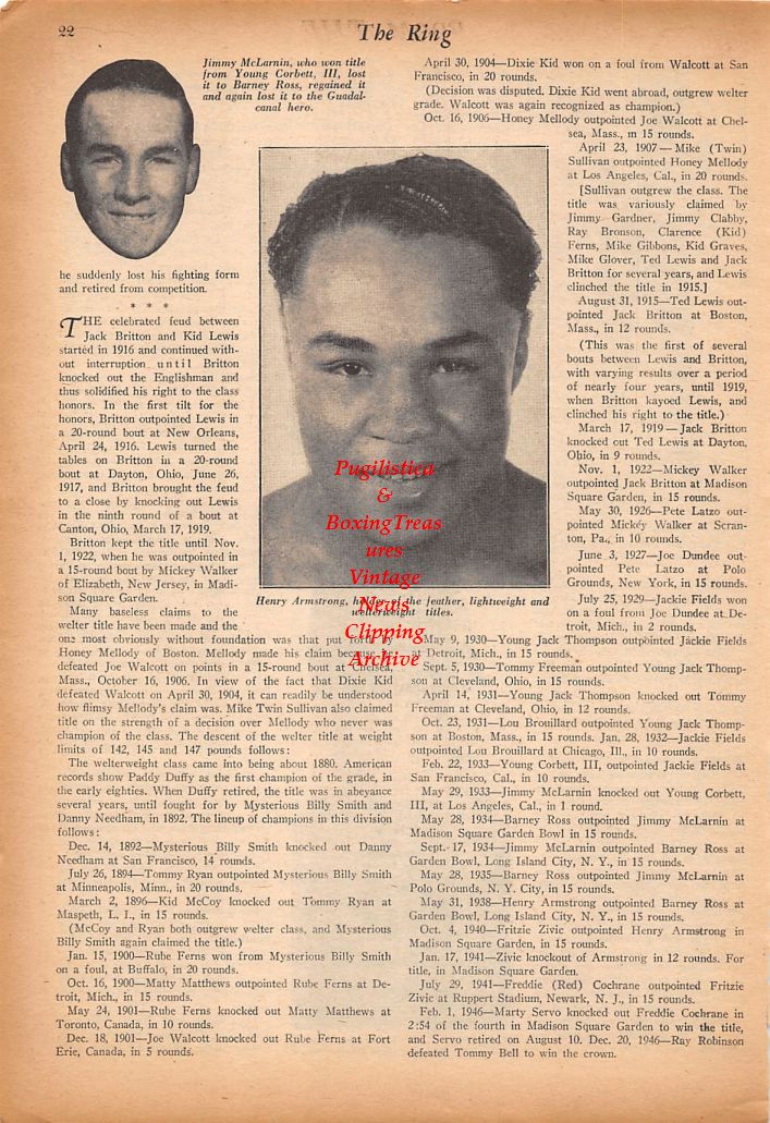 Boxing News Clipping #604 - Ted Kid Lewis, Barney Ross, Jimmy McLarnin, Henry Armstrong