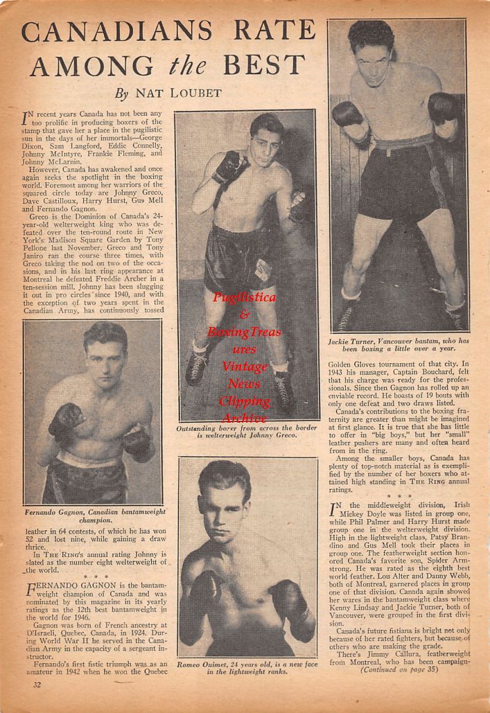 Boxing News Clipping #607 - Fernando Gagnon, Johnny Greco, Jackie Turner, Romeo Ouimet, Kid Broad