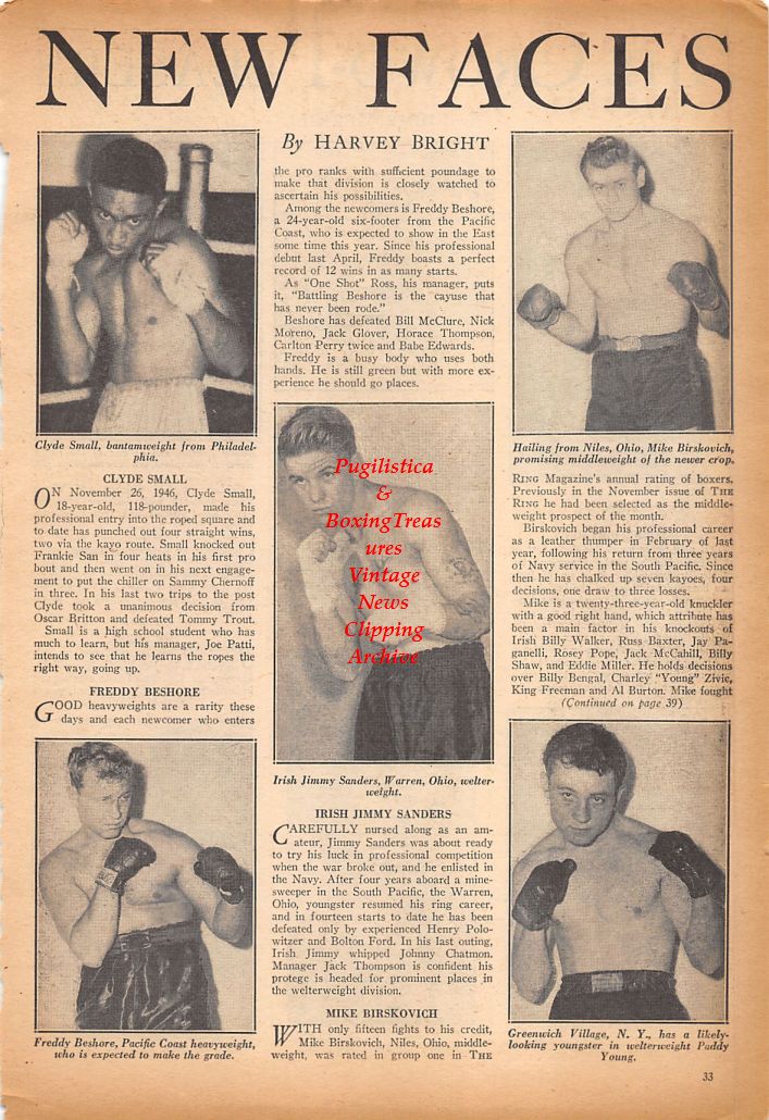 Boxing News Clipping #608 - Clyde Small, Jimmy Sanders, Mike Birskovich, Freddy Beshore, Paddy Young, Manny Ortega, Jim Richie, Bobby Britton, Sam Baroudi, Booker Beckwith, Tony Vero