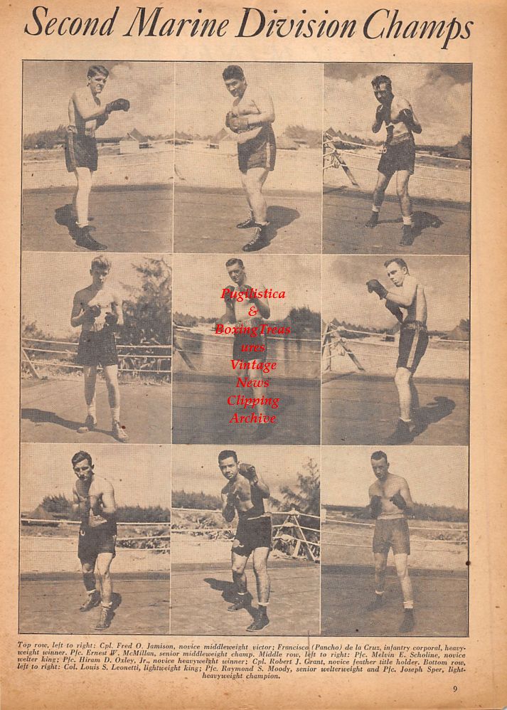 Boxing News Clipping #611 - WWII Marines Boxing, Francisco De La Cruz, Fred Jamison, Hiram Oxley, Joseph Sper, Louis Leonetti and others