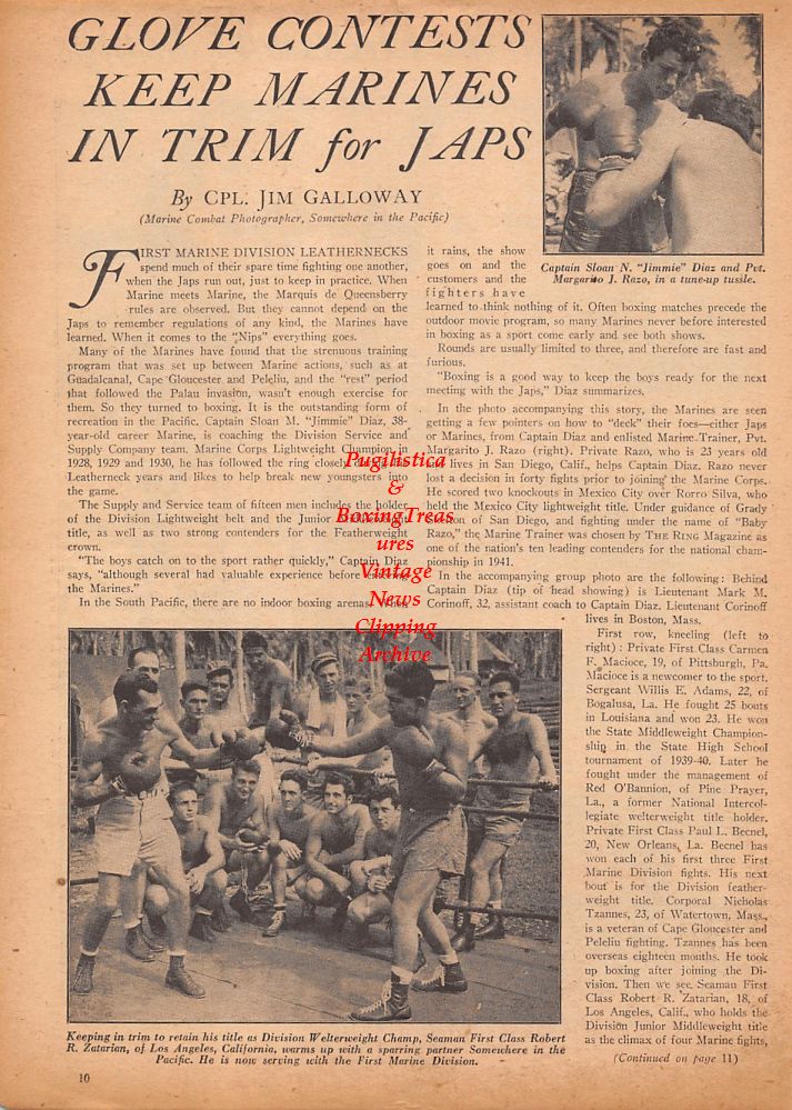 Boxing News Clipping #611 - WWII Marines Boxing, Francisco De La Cruz, Fred Jamison, Hiram Oxley, Joseph Sper, Louis Leonetti and others