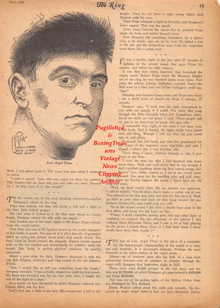 Boxing News Clipping #614 - Luis Angel Firpo, Jack Dempsey