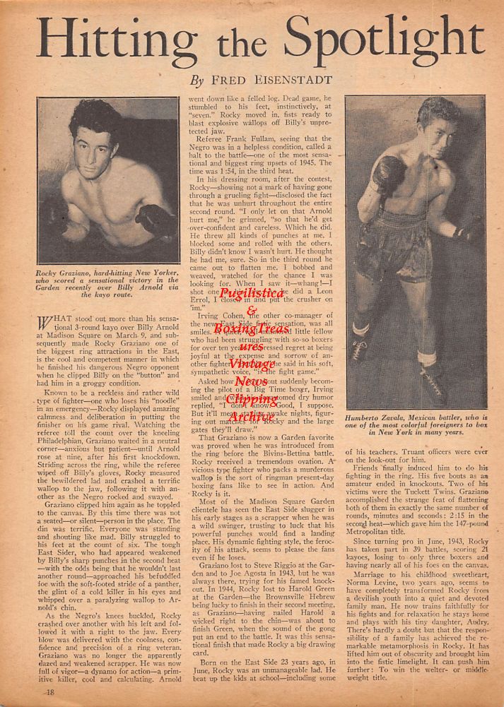 Boxing News Clipping #615 - Rocky Graziano, Humberto Zavala, Scott Chapman, James Alexander, Gus Lesnevich, Sammy Nagel, Frank Berrios, Ski Dynkowski