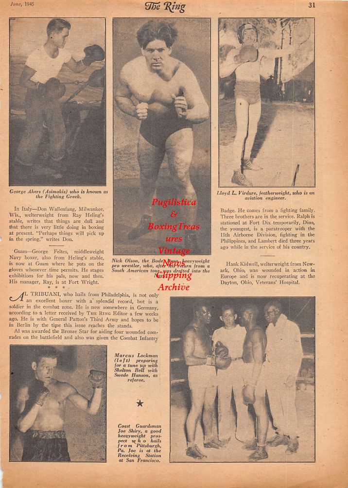 Boxing News Clipping #618 - George Akers, Nick Olson, Lloyd Virdure, Marcus Lockman, Joe Shiry, Anthony Tomasco, Henry Brown, Johnny Kern, Dwight Whitaker, Harold Masem, Willam Smith vs. Stewart Watts