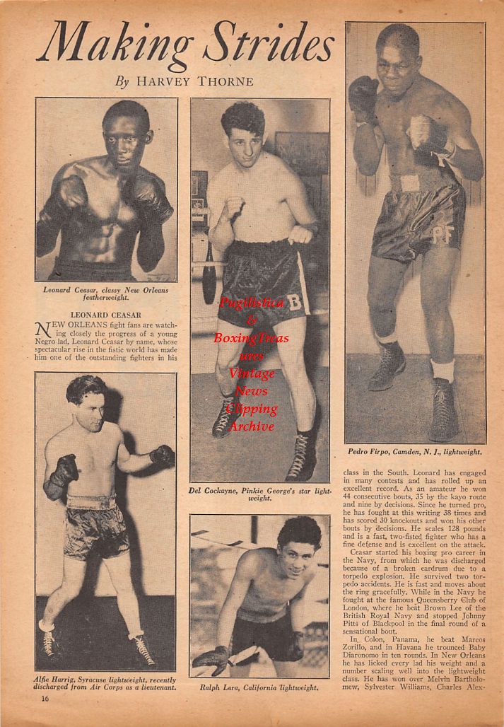 Boxing News Clipping #624 - Leonard Ceasar, Alfie Harrig, Del Cockayne, Ralph Lara, Pedro Firpo, Hughie Rock, Lionel Lalande, Bert Houle, Ambrose Stevens, Leo Chaboneau, Denny Mahoney, Les Anderson