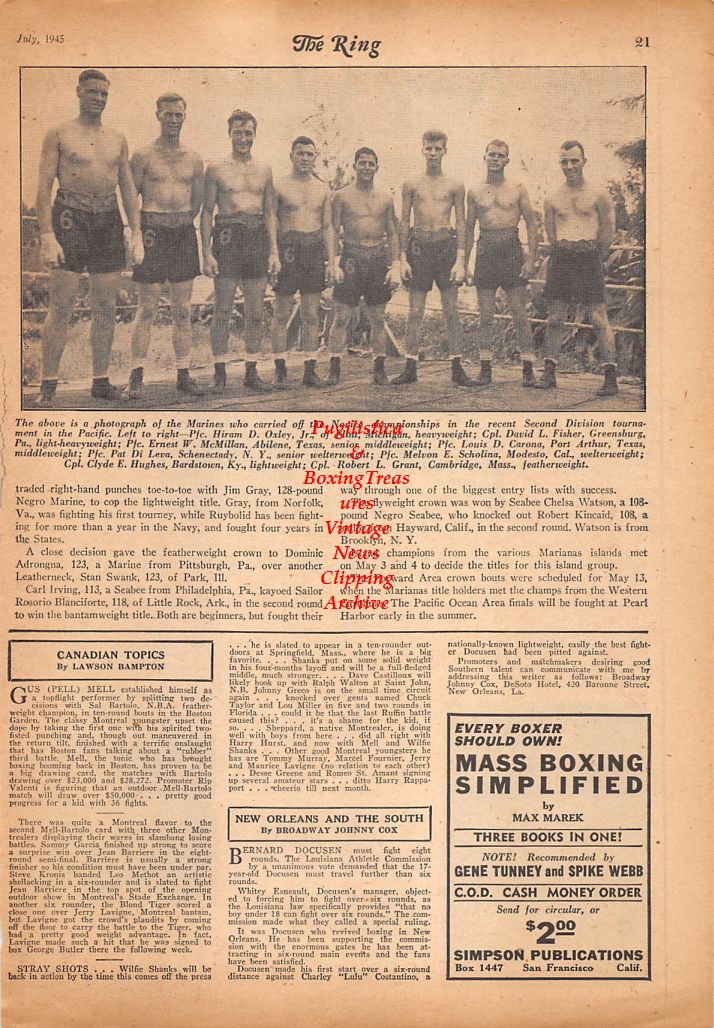 Boxing News Clipping #626 - Cozy Storace, Patricia LaBeau, Vernon Escoe, Gerald Fitzgerald, Marine 2nd Division Tournament Champions