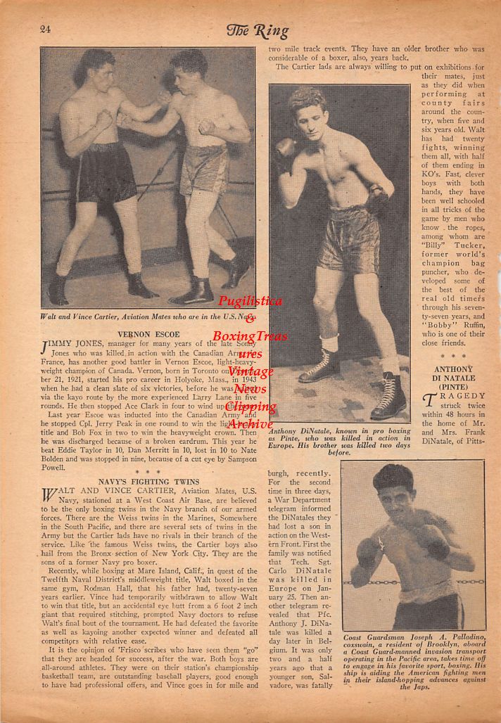 Boxing News Clipping #627 - Walter and Vince Cartier, Anthony DiNatale, Joseph A. Palladino, Chester Rico, Bill Cavanagh and others