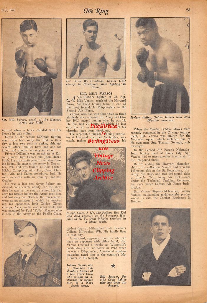 Boxing News Clipping #628 - Milt Varsos, Arvil Goodman, Melvyn Pullen, Joseph Sacca, Johnny Nemis, Bill Sawyer, Pat Mannix