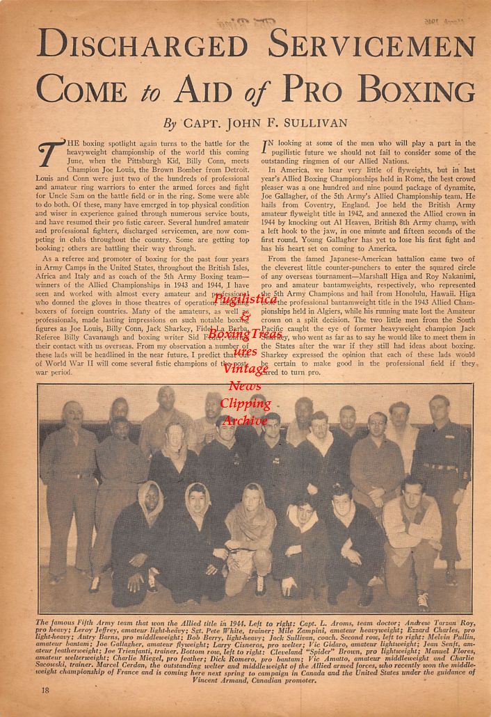 Boxing News Clipping #632 - Andrew Tarzan Roy, Leroy Jeffrey, Mile Zampini, Autry Barns, Melvin Pullin, Joe Gallagher, Larry Cisneros, Vic Gidaro, Jean Senft, Joe Trienfanti, Cleveland Brown, Charlie Miegel, Dick Romero, Vic Amatto, Charlie Sacowski ++