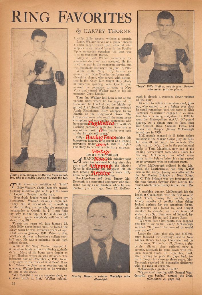 Boxing News Clipping #634 - Fritzie Zivic vs. Cecil Hudson, Phil Terranova vs. Miguel Acevedo, Jimmy McDonough, Billy Walker, Stanley Miller