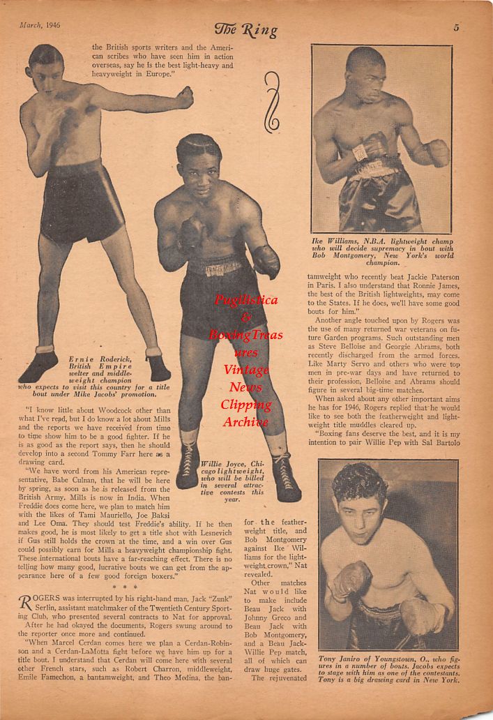 Boxing News Clipping #639 - Ernie Roderick, Willie Joyce, Ike Williams, Tony Janiro, Billy Conn, Rocky Graziano
