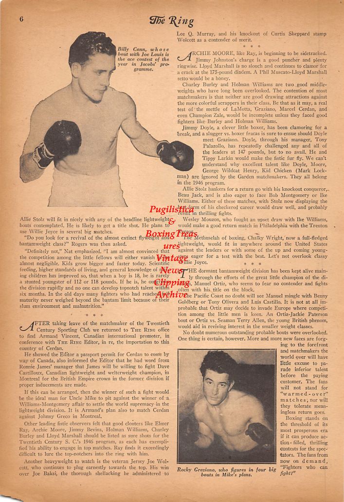 Boxing News Clipping #639 - Ernie Roderick, Willie Joyce, Ike Williams, Tony Janiro, Billy Conn, Rocky Graziano