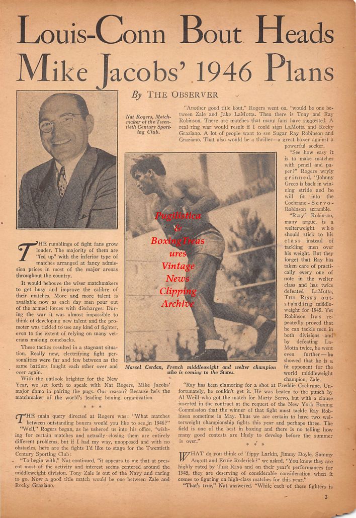 Boxing News Clipping #640 - Nat Rogers, Marcel Cerdan, Beau Jack, Bob Montgomery, Georgie Abrams