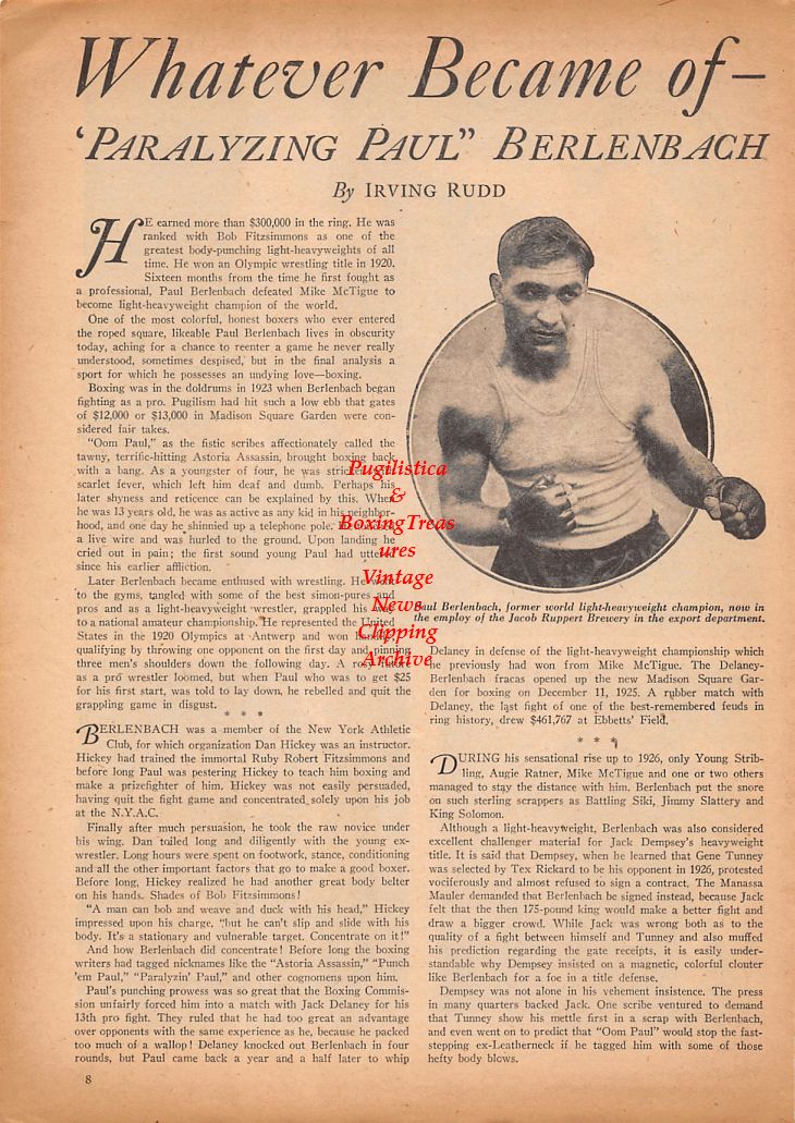 Boxing News Clipping #651 - Paul Berlenbach, Rocky Graziano vs. Sonny Horne, Lee Savold vs. Al Hoosman, Jake LaMotta vs. Tommy Bell