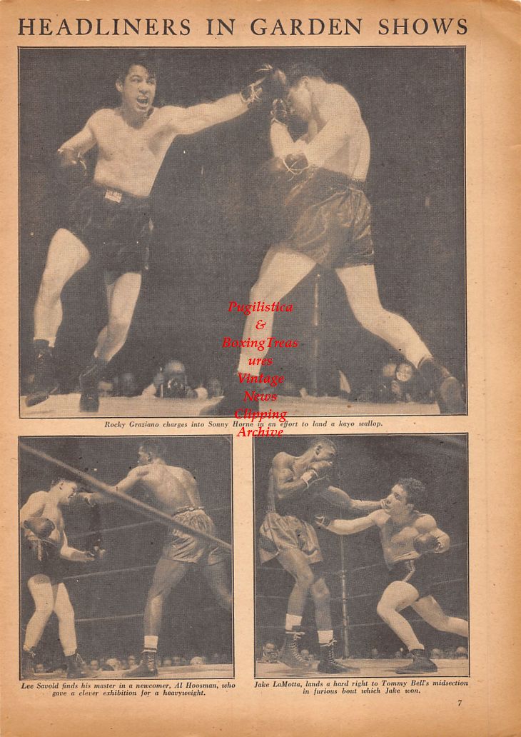 Boxing News Clipping #651 - Paul Berlenbach, Rocky Graziano vs. Sonny Horne, Lee Savold vs. Al Hoosman, Jake LaMotta vs. Tommy Bell