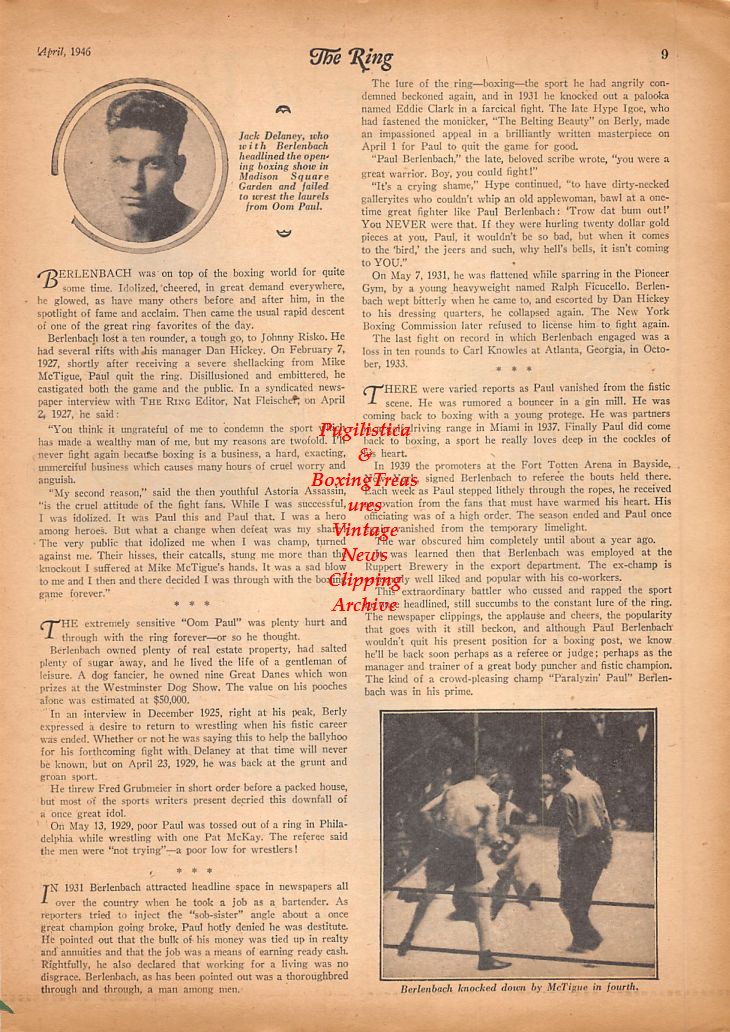 Boxing News Clipping #652 - "In Defense of Boxing", Jack Delaney, Paul Berlenbach vs. Mike McTigue