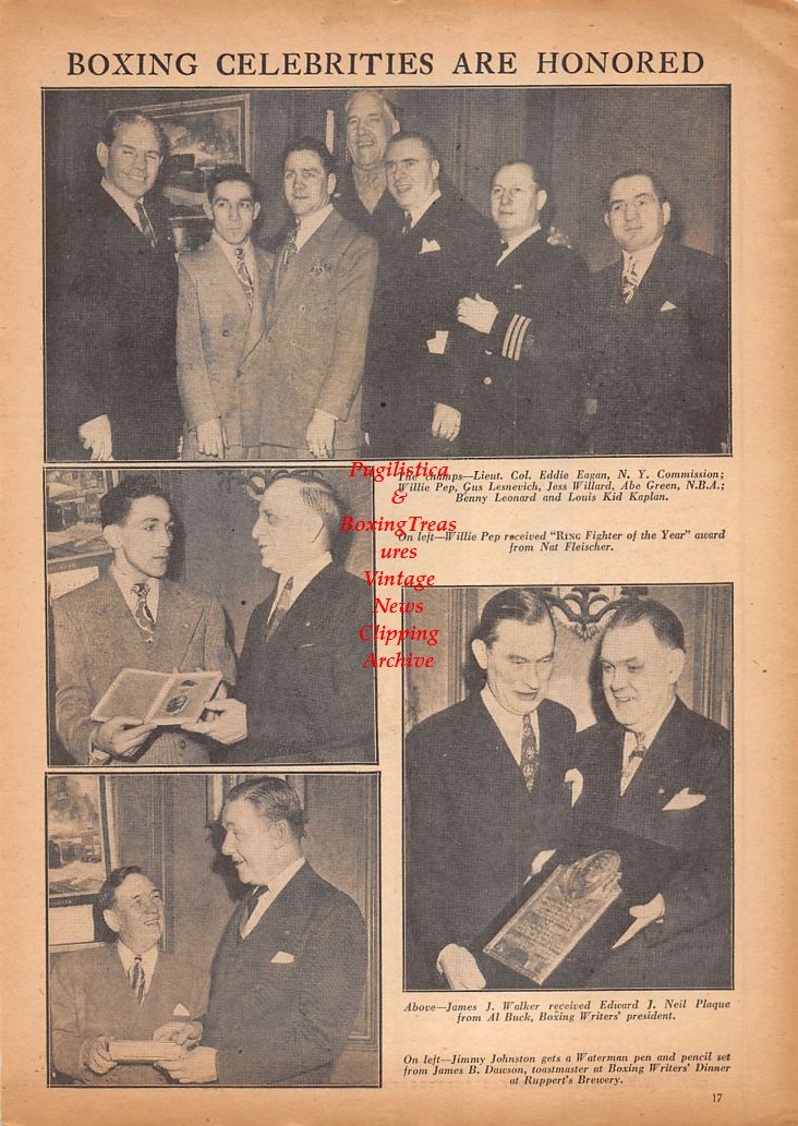 Boxing News Clipping #655 - Eddie Eagan, Willie Pep, Jess Willard, Gus Lesnevich, Kid Kaplan, James J. Walker, Jimmy Johnston, Marty Servo vs. Red Cochrane