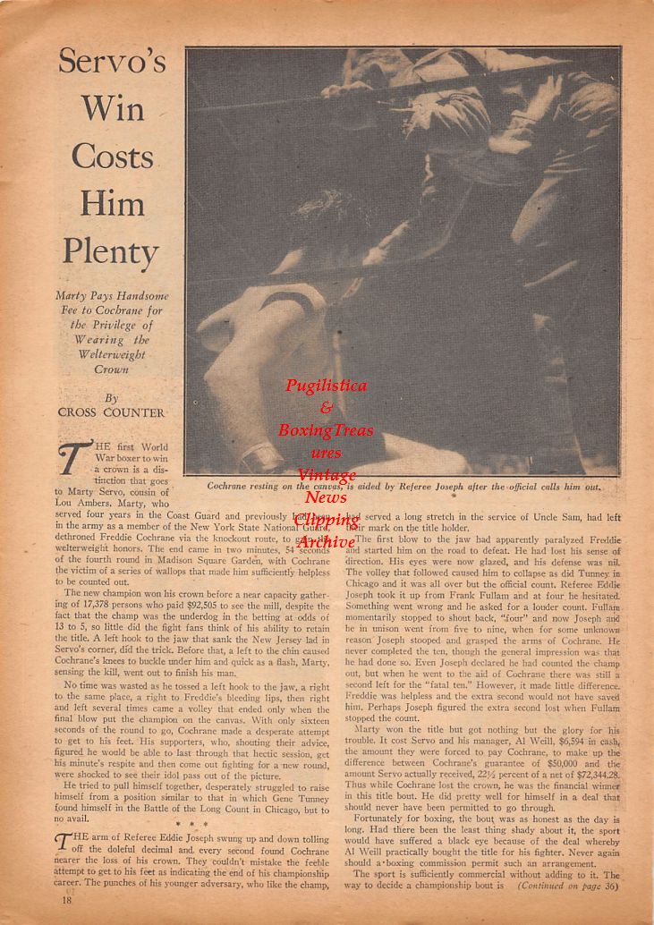 Boxing News Clipping #655 - Eddie Eagan, Willie Pep, Jess Willard, Gus Lesnevich, Kid Kaplan, James J. Walker, Jimmy Johnston, Marty Servo vs. Red Cochrane