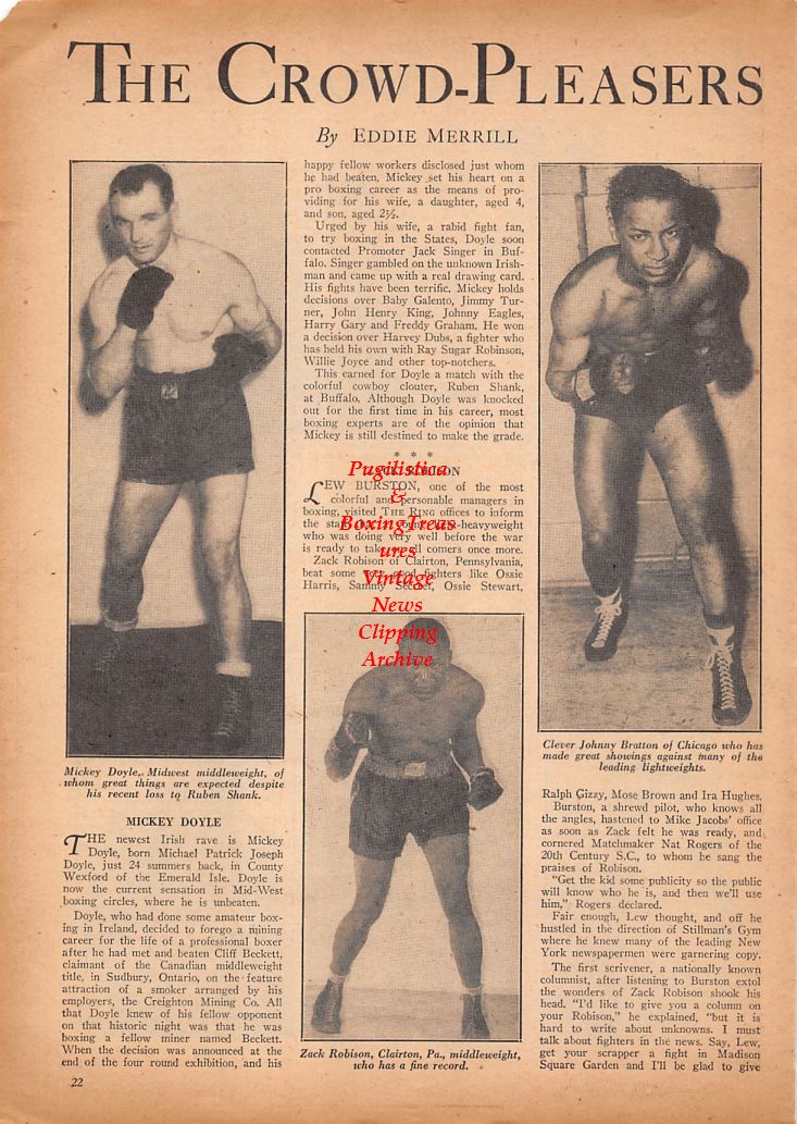 Boxing News Clipping #657 - Mickey Doyle, Zack Robison, Johnny Bratton, Anthony Jones, Joe Louis, Danny Peal, Ezzard Charles