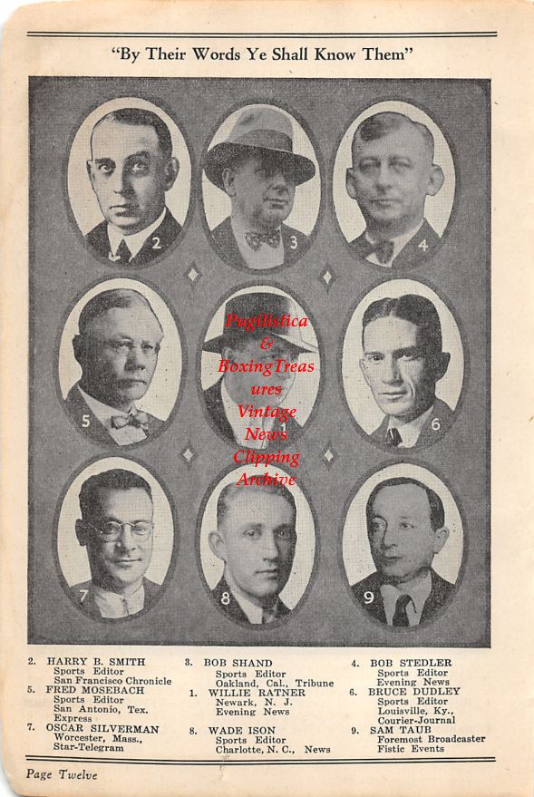 Boxing News Clipping #66 - Sam Taub, Harry B. Smith, Fred Mosebach, Oscar Silverman, Bob Shand, Willie Ratner, Wade Ison, Bob Stedler, Bruce Dudley, James Dawson, Murray Lewin, Harry Grayson, James Jennings, Nat Fleischer, Doc Morris