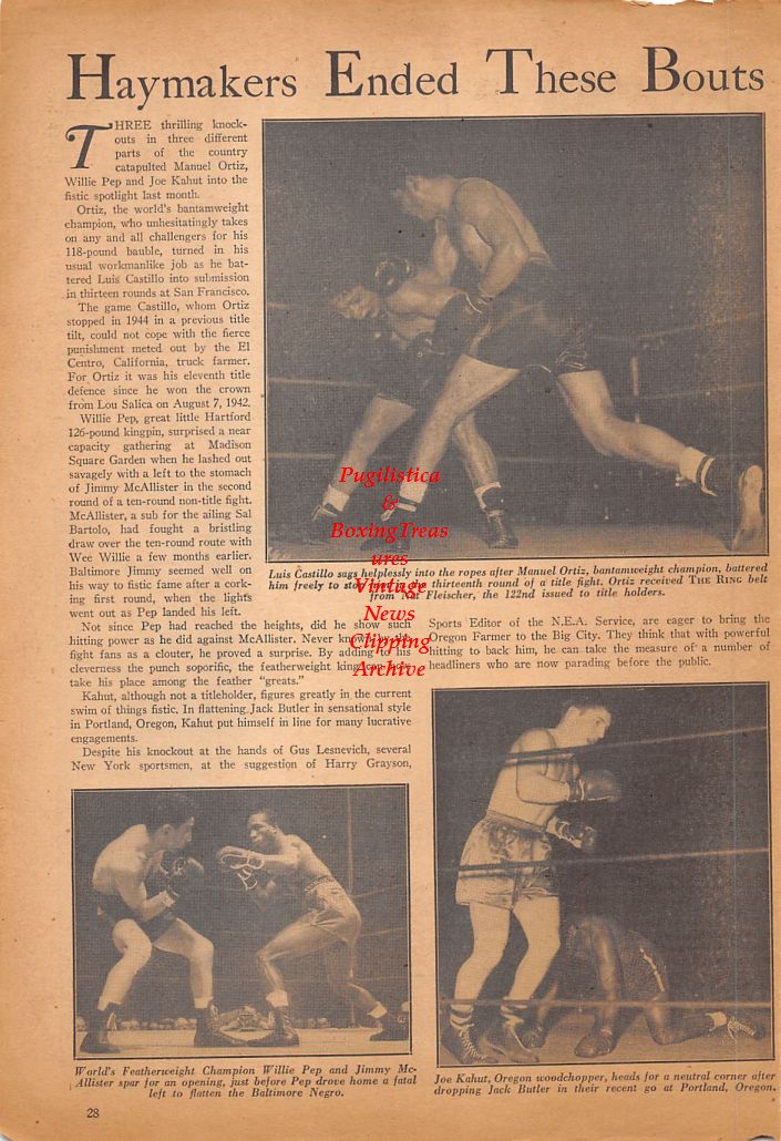 Boxing News Clipping #660 - Luis Castillo vs. Manuel Ortiz, Willie Pep vs. Jimmy McAllister, Joe Kahut vs. Jack Butler, Buddy Scott, Gordon Mackie