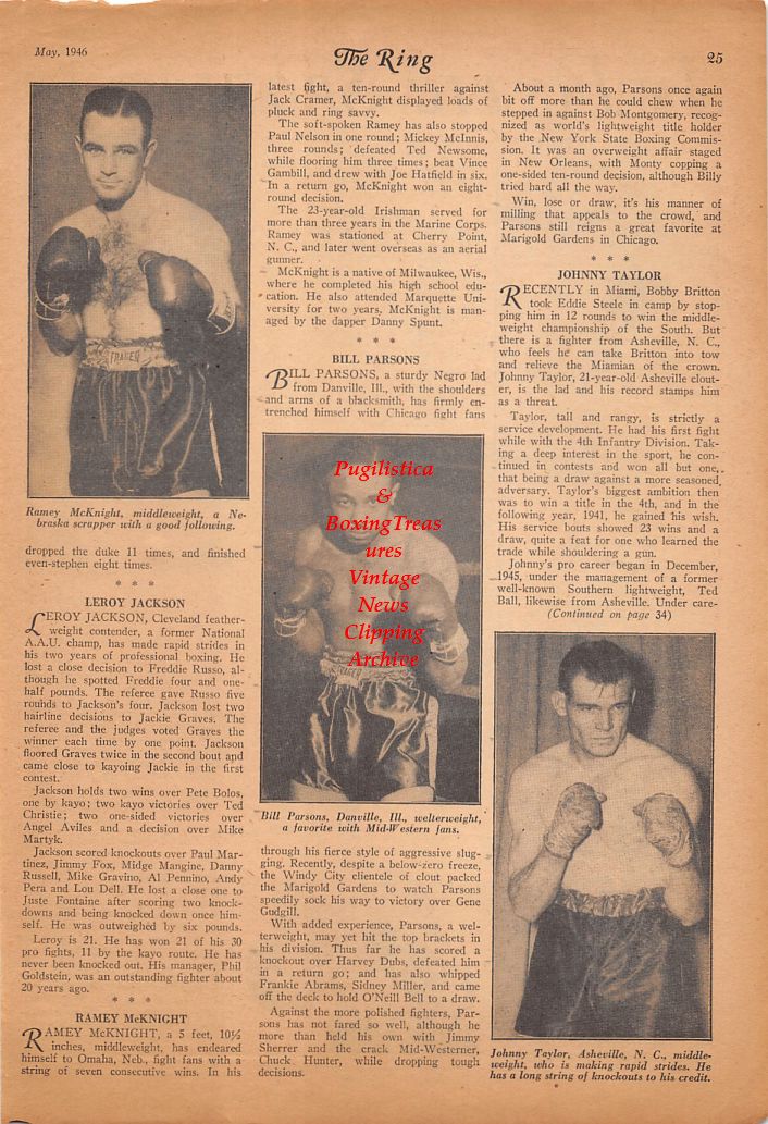 Boxing News Clipping #661 - Tommy Gomez, Ed Barnett, Sugar Ray Delgado, Ramey McKnight, Bill Parson, Johnny Taylor