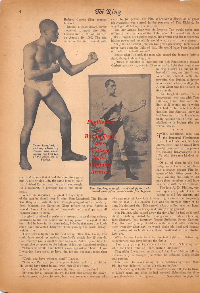 Boxing News Clipping #671 - James J. Jeffries, Bob Fitzsimmons, Sam Langford, Tom Sharkey