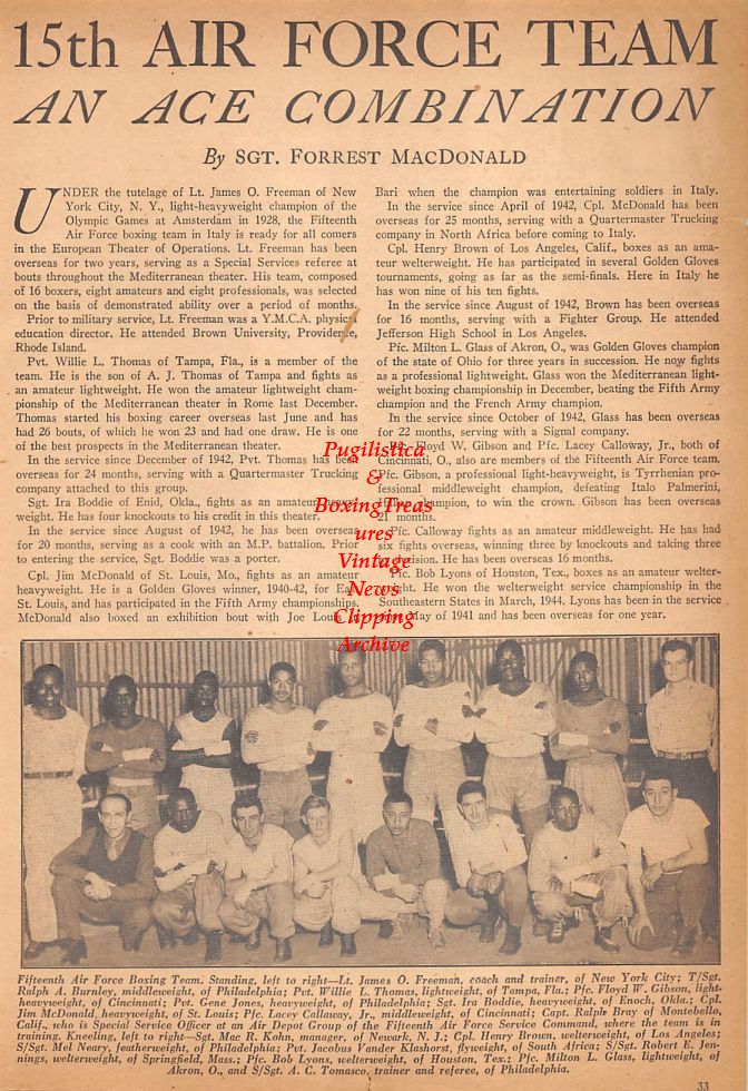 Boxing News Clipping #673 - James Freeman, Ralph Burnley, Floyd Gibson, Ira Boddie, Jim McDonald, Lacey Callaway, Ralph Bray, Mel Neary, Jacobus Vander Klashorst, Bob Lyons, Milton Glass, Robert Bobo, Bob Sherman, Oscar Butler, Rosco Perry, Eddie DiMarco+