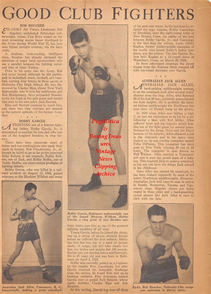 Boxing News Clipping #679 - Jack Allen, Bobby Garcia, Bob Boucher, Rocky Graziano vs. Marty Servo