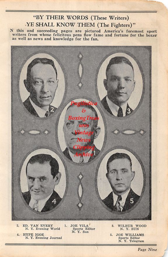 Boxing News Clipping #68 - Ed Van Every, Hype Igoe, Joe Vila, Wilbur Wood, Joe Williams, Sid Mercer, Dan Parker, Damon Runyon, Paul Gallico, Ed Sullivan