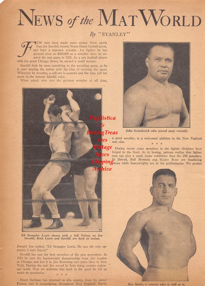 Boxing News Clipping #682 - Harry Hill, Owney Geoghegan, Ed Strangler Lewis, John Grandovich, Ray Steele