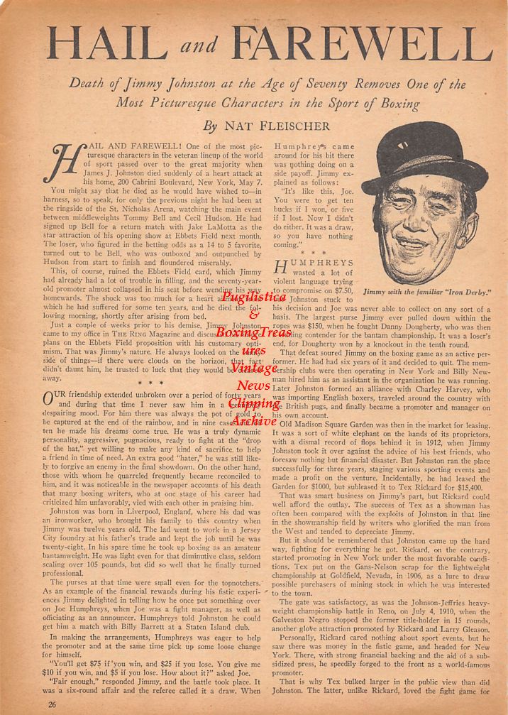 Boxing News Clipping #695 - "Hail and Farewell" passing of Jimmy Johnston