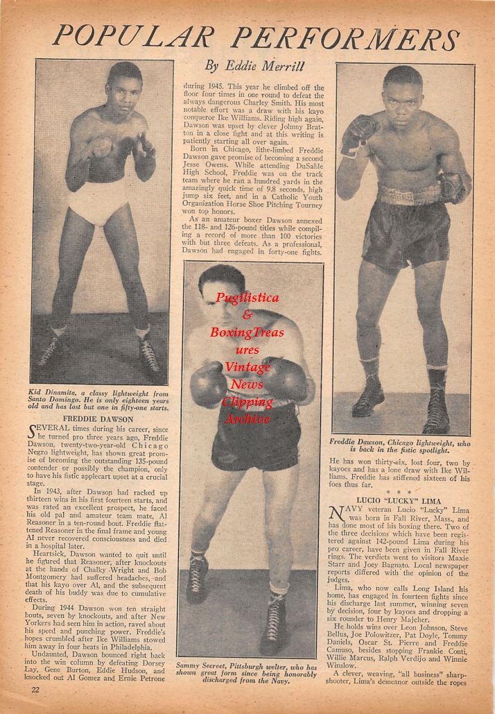 Boxing News Clipping #708 - Kid Dinamita, Sammy Secreet, Freddie Dawson, Gus Lesnevich