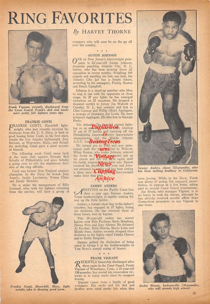 Boxing News Clipping #710 - Frank Vigeant, Sammy Anders, Frankie Conti, Jackie Blount, Jack Johnson