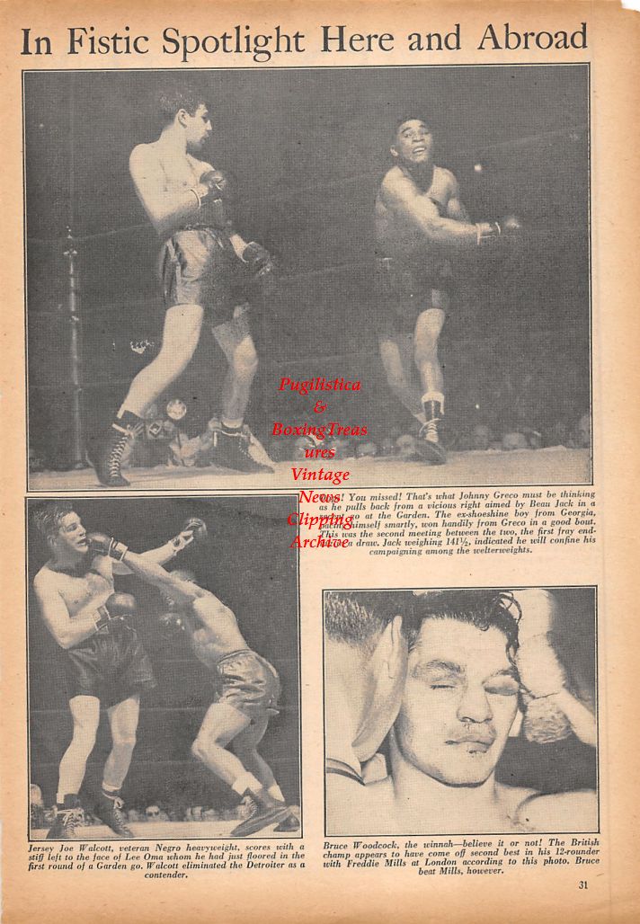 Boxing News Clipping #713 - Beau Jack vs. Johnny Greco, Jersey Joe Walcott vs. Lee Oma, Bruce Woodcock, Jack McAuliffe II
