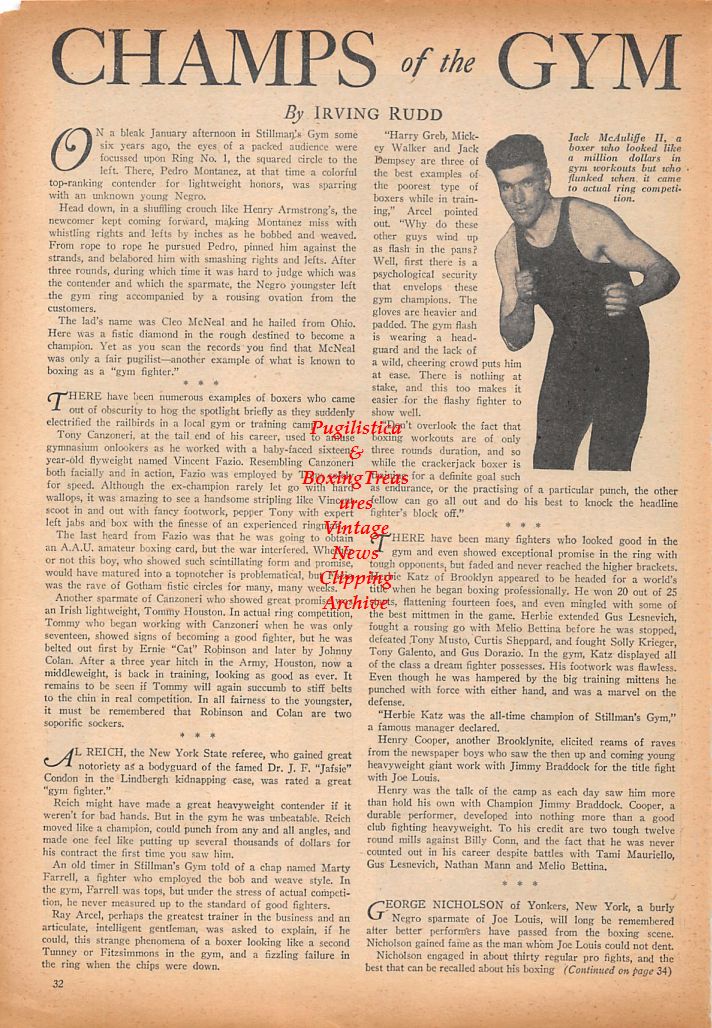 Boxing News Clipping #713 - Beau Jack vs. Johnny Greco, Jersey Joe Walcott vs. Lee Oma, Bruce Woodcock, Jack McAuliffe II