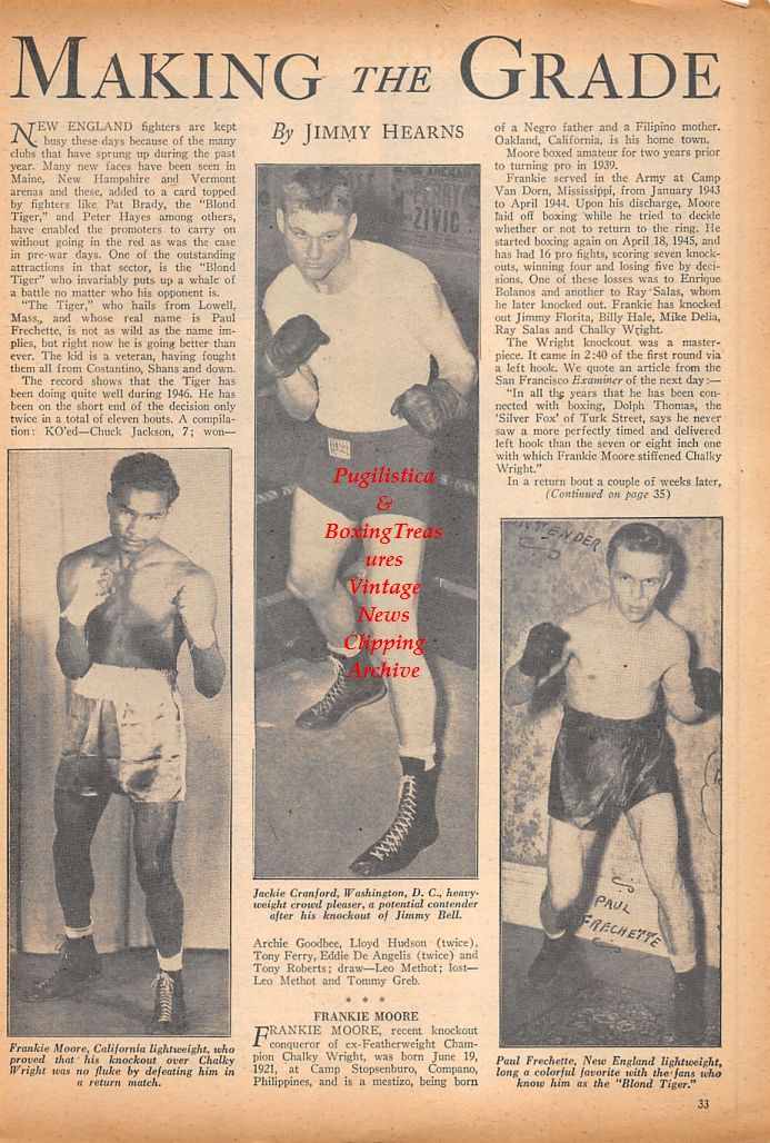 Boxing News Clipping #714 - Frankie Moore, Jackie Cranford, Paul Frechette, Steve Belloise vs. Coley Welch, Ike Williams vs. Enrique Bolanos, Freddie Mills
