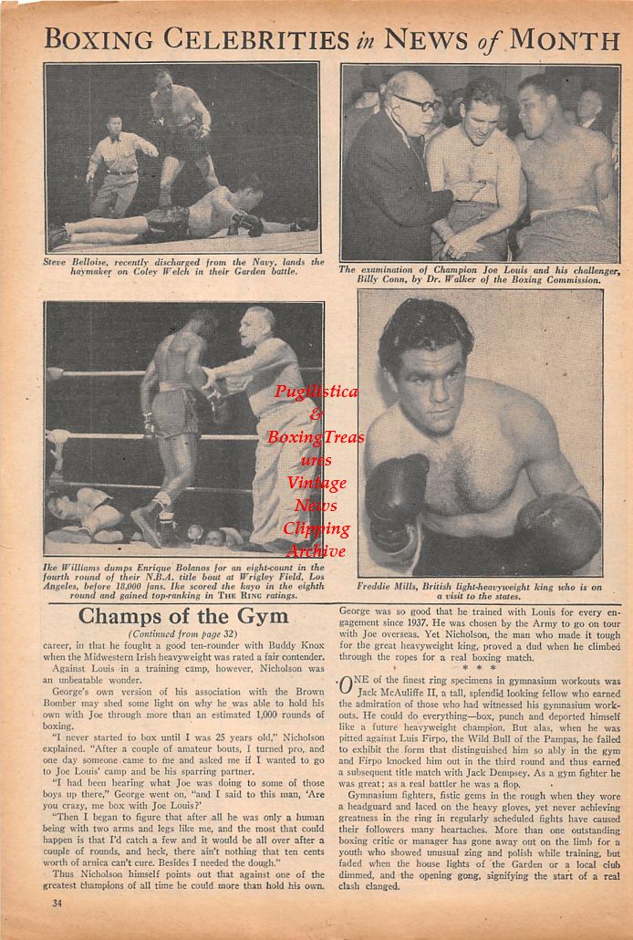 Boxing News Clipping #714 - Frankie Moore, Jackie Cranford, Paul Frechette, Steve Belloise vs. Coley Welch, Ike Williams vs. Enrique Bolanos, Freddie Mills